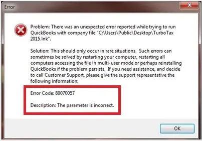 QuickBooks error message 80070057