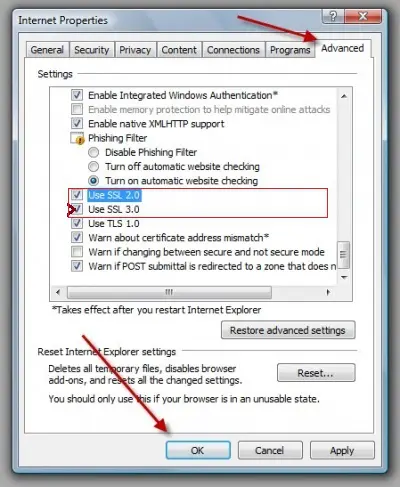 Internet explorer settings