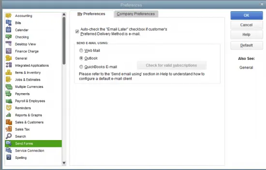 Edit-> Preferences -> Send Forms - BizBooksAdvice
