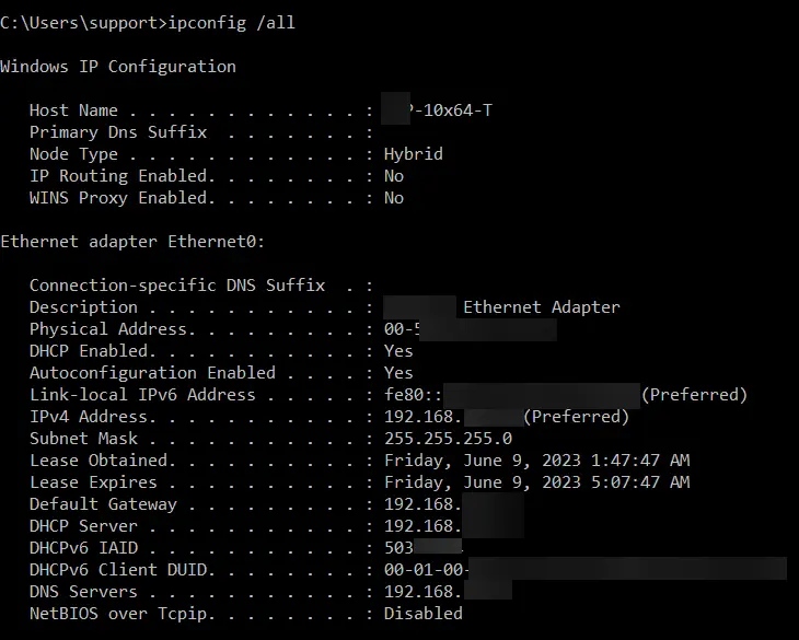 Command Prompt window, mention “ipconfig/all
