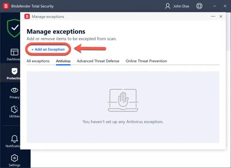 Hit Add an Exception button