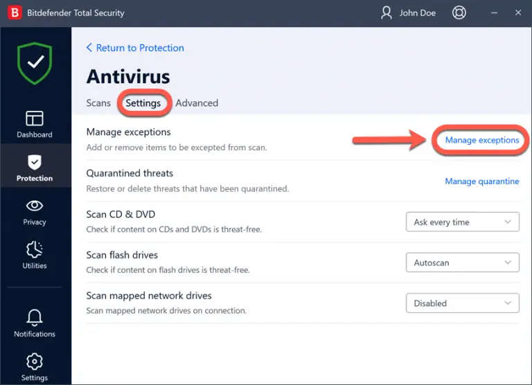 select Manage Exceptions
