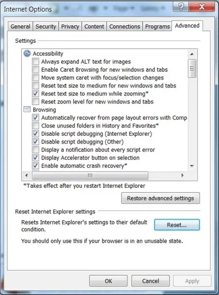 Advance tab in Internet