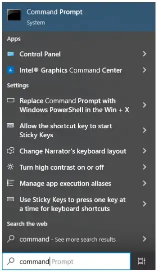 Command in the search panel