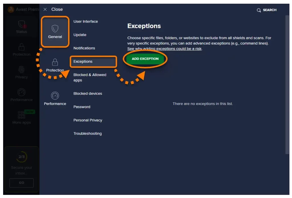 uickBooks, click Add Exception.