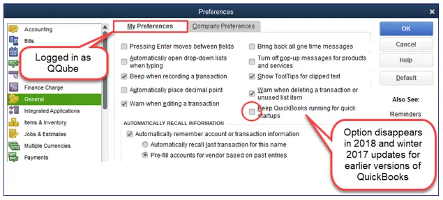 Quick Startups option and uncheck it
