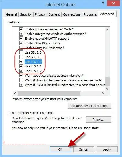 Configure the Internet Explorer’s SSL Settings 