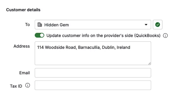 the address, email, and tax ID