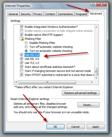 Change the SSL Settings for Internet Explorer