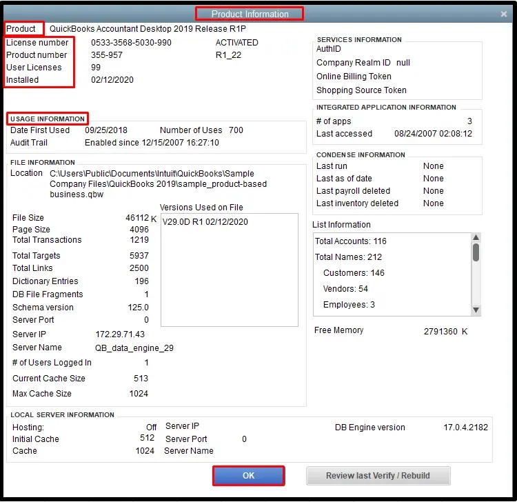 Product Information window