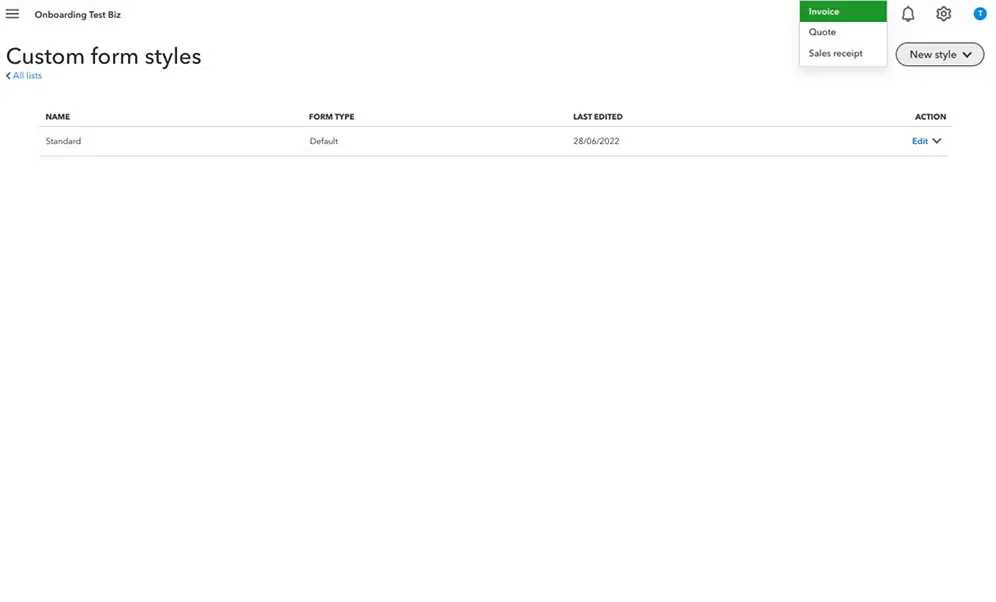 Select New Style and then tap on Invoice.